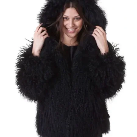 Mongolian Lamb Fur Black Hooded Coat webp