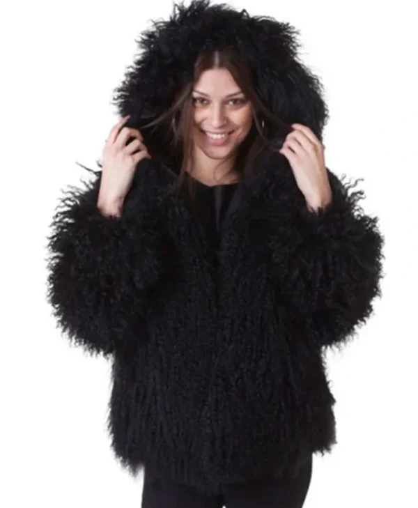 Mongolian Lamb Fur Black Hooded Coat webp