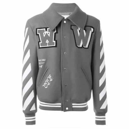 Off White Virgil Abloh 2015 Varsity Grey Jacket with Patches