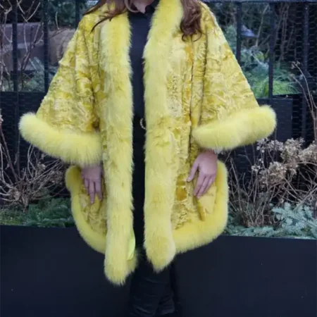 Plus Size Yellow Persian Lamb Fur Cape Coat webp