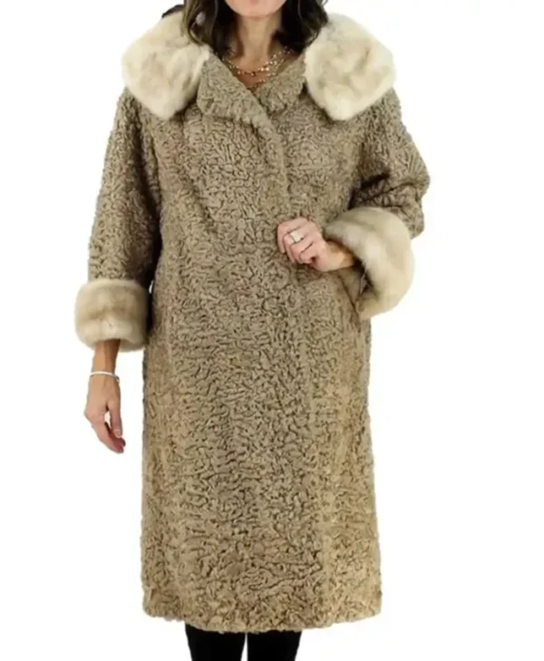 Real Astrakhan Curly Lamb Mink Fur Brown Coat webp