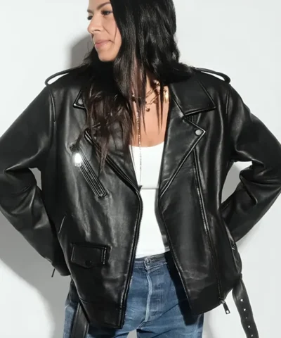 Super Bowl LIX Tabitha Oversized Black Moto Jacket