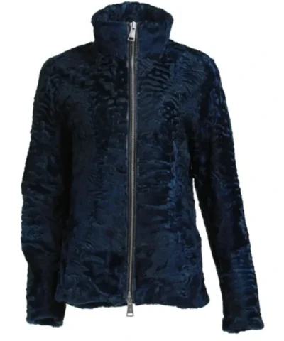 Swakara Lamb Fur High Collar Blue Jacket.webp