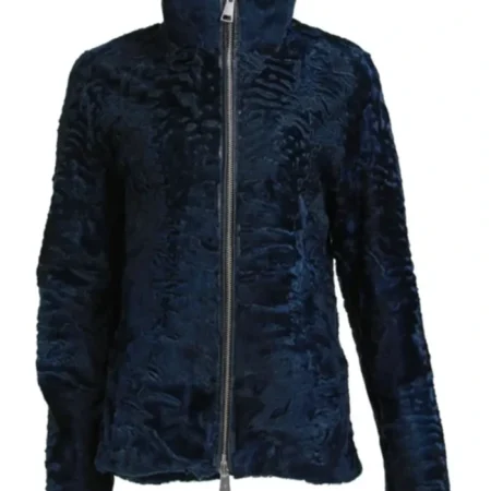 Swakara Lamb Fur High Collar Blue Jacket webp