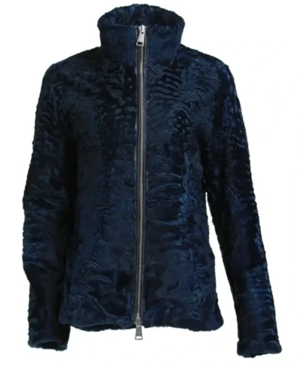 Swakara Lamb Fur High Collar Blue Jacket webp