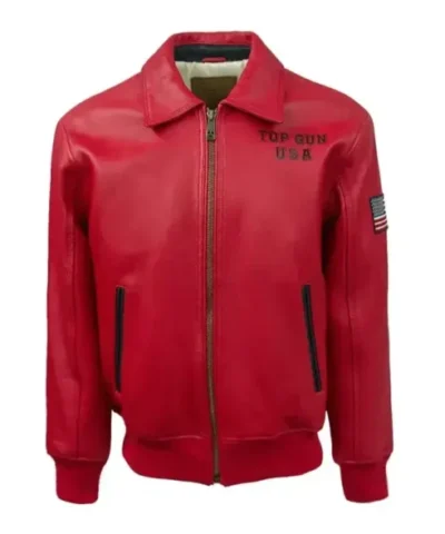 Top Gun USA Lady Lucky Red Bomber Zip Up Leater Jacket