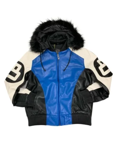 Unisex 8 Ball Black White and Blue Bomber Parka Leather Jacket On Sale