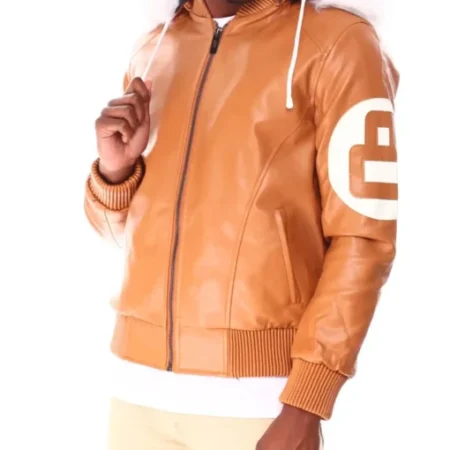 Unisex 8 Ball Orange Fur Hooded Leather Jacket On Sale