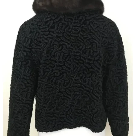 Women Vintage 19s Style Bomber Curly Persian Lamb Mink Fur Collar Black Fur Jacket webp