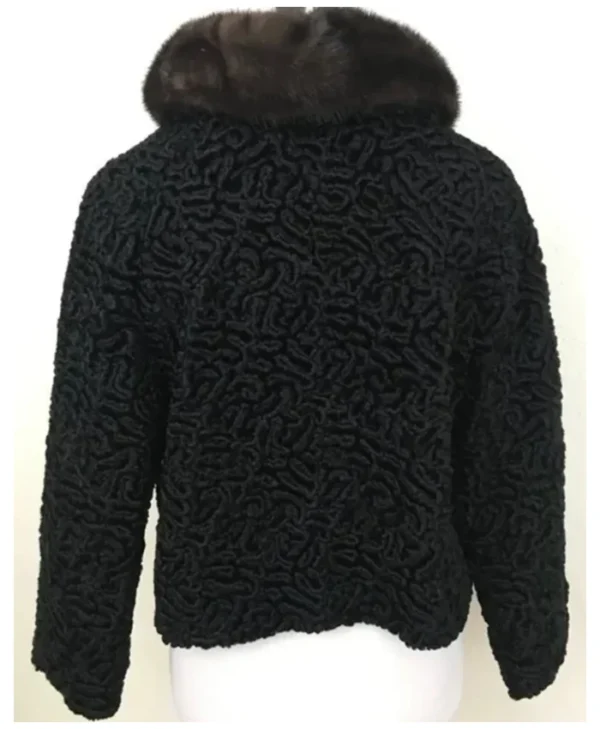 Women Vintage 19s Style Bomber Curly Persian Lamb Mink Fur Collar Black Fur Jacket webp