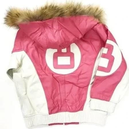 Womens 8 Ball Pink Leather Fur Hooded Jacket