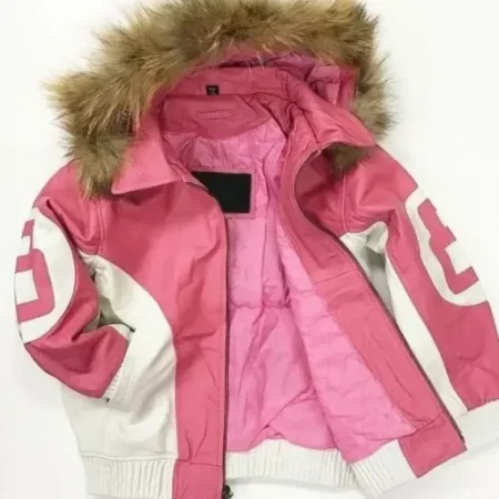 Womens 8 Ball Pink Leather Fur Hooded Jacket On Sale