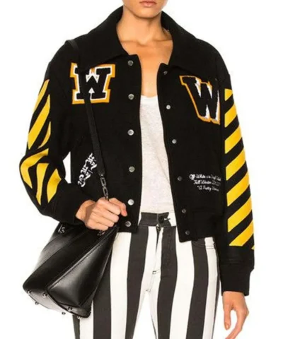 Women’s Off White Virgil Abloh Varsity Jacket with Yellow Striped Sleeves