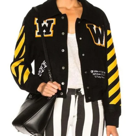 Women s Off White Virgil Abloh Varsity Jacket with Yellow Striped Sleeves
