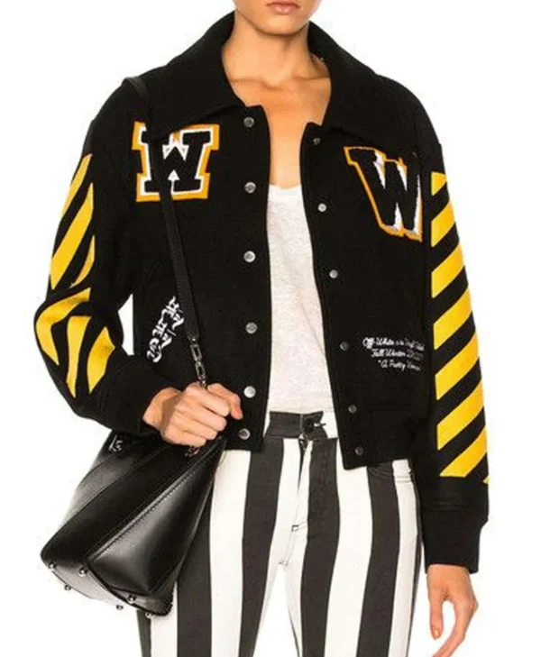 Women s Off White Virgil Abloh Varsity Jacket with Yellow Striped Sleeves