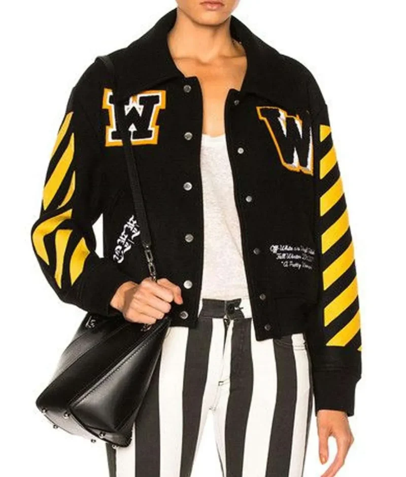 Women’s Off White Virgil Abloh Varsity Jacket with Yellow Striped Sleeves