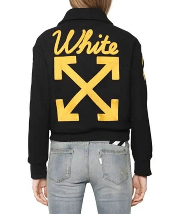Women s Off White Virgil Abloh Varsity Jacket with Yellow Striped Sleeves Back