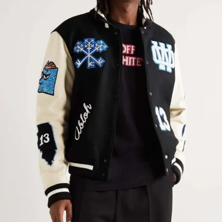 off white appliqued wool blend felt and leather jacket jpg
