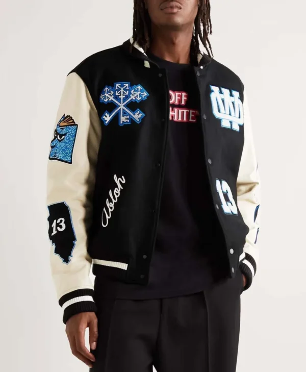 off white appliqued wool blend felt and leather jacket jpg