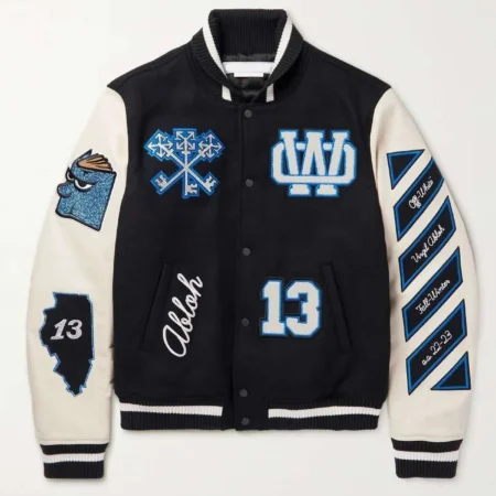 off white appliqued wool blend felt and leather varsity jacket jpg