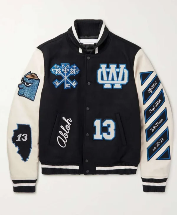off white appliqued wool blend felt and leather varsity jacket jpg