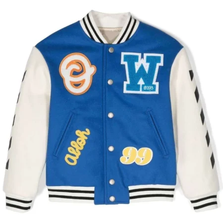 off white patch detail abloh blue and white varsity jacket jpg