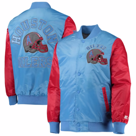 red houston oilers locker room throwback satin varsity full snap jacket