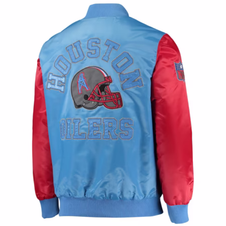 red houston oilers locker room throwback satin varsity full snap jacket back