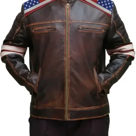 American Flag Shoulders Brown Leather Jacket