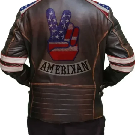 American Flag Shoulders Brown Leather Jacket Back