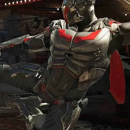 Batman Video Game Injustice 2 Red Logo Grey Leather Jacket webp