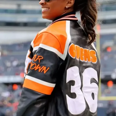 Chicago Bears Simone Biles Owens Leather Varsity Jacket Back