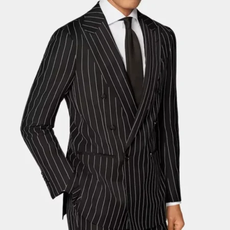 Double Breasted Mens Black And White Pinstripe Suit Side