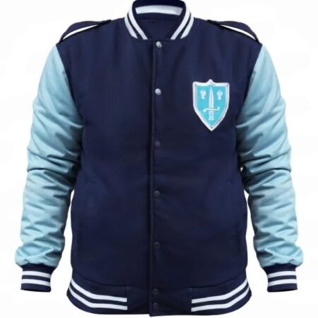 Jedidiah Goodacre Descendants Blue Wool Varsity Jacket fornt