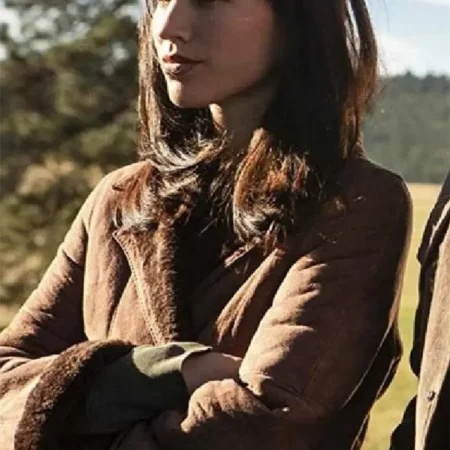 Kelsey Asbille TV Series Yellowstone Monica Dutton Womens Suede Leather Brown Fur Collar Coat webp