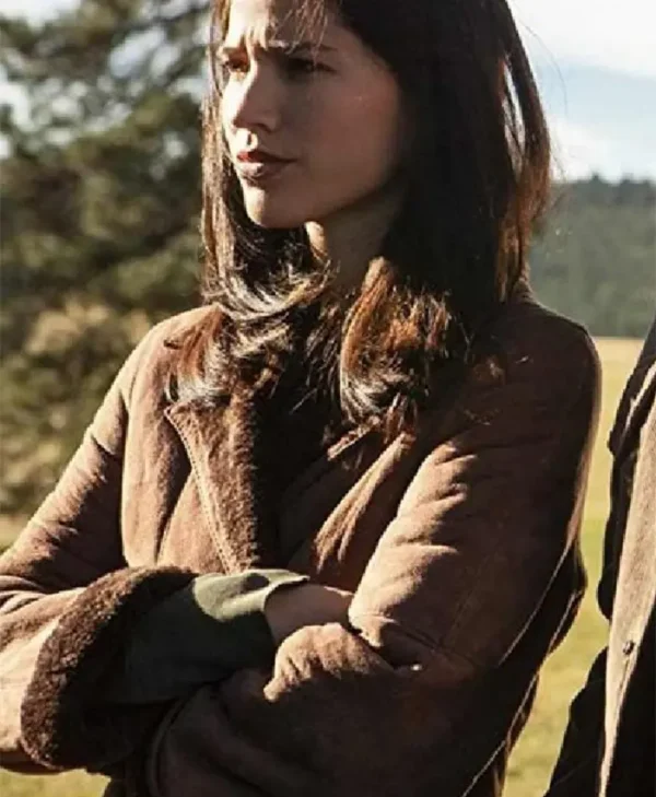 Kelsey Asbille TV Series Yellowstone Monica Dutton Womens Suede Leather Brown Fur Collar Coat webp