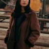 Monica Dutton Yellowstone Suede Leather Brown Coat webp