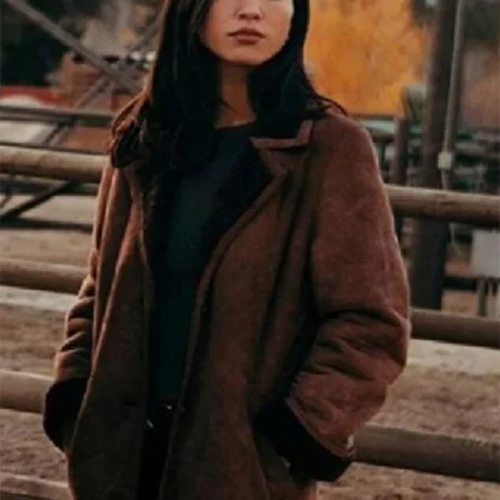 Monica Dutton Yellowstone Suede Leather Brown Coat webp