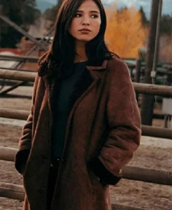 Monica Dutton Yellowstone Suede Leather Brown Coat webp