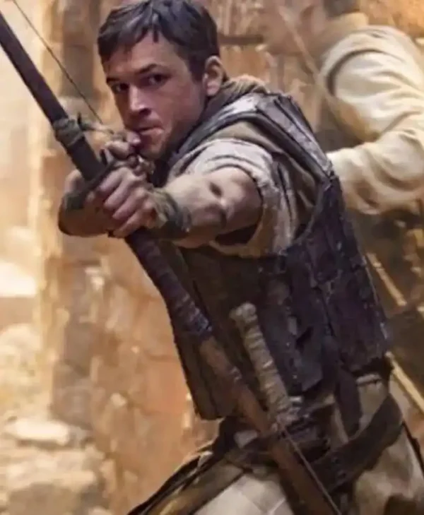 Robin Hood Taron Egerton Black Leather Vest webp