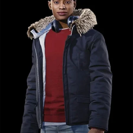 Spider Man Miles Morales Fur Hooded Parka Jacket front webp