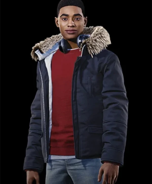 Spider Man Miles Morales Fur Hooded Parka Jacket front webp
