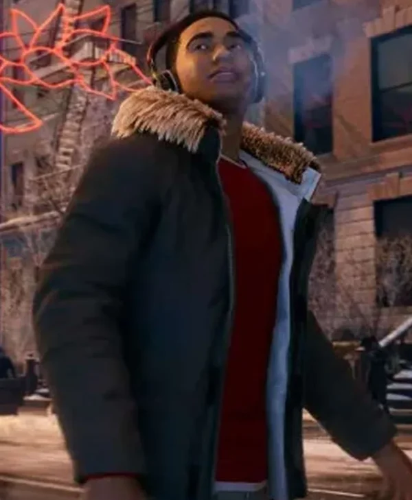Spider Man Miles Morales Fur Hooded Parka Jacket right curve webp