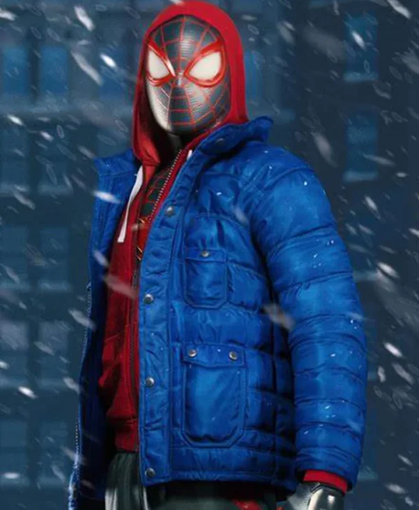 Spider Man PS4 Miles Morales Blue Puffer Jacket With Hood webp