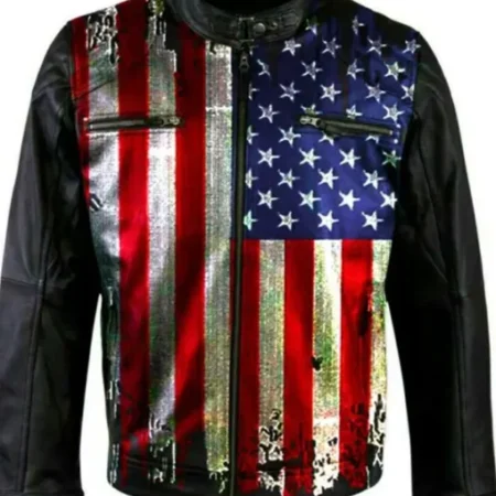 USA Flag Vintage Biker Black Leather Jacket