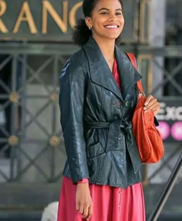 Zazie Beetz Joker Sophie Dumond Black Leather Coat webp
