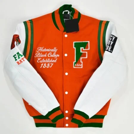 florida am university orange and white varsity jacket