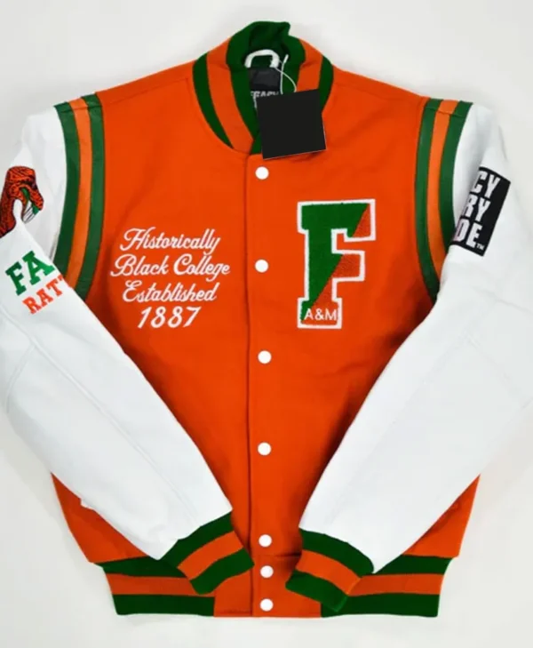 florida am university orange and white varsity jacket