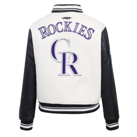 retro classic colorado rockies rib black and white varsity jacket