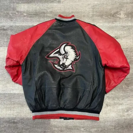 1990s Buffalo Sabres Varsity Black and Red Full Snap Leather Jacket webp